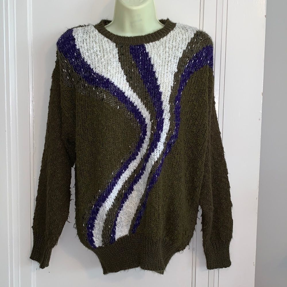 Vtg 80s Joyce dark olive green‎ nubby sweater with swirl design on front